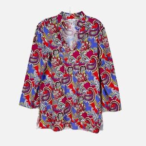 JUDE‎ CONNALLY Bold Preppy Paisley Split Neck Mandarin Collar Tunic Size LARGE